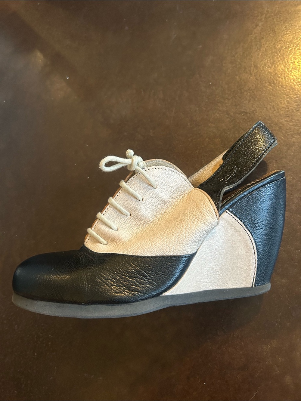 Fly London- black and white slingback oxford wedge heels- size 38